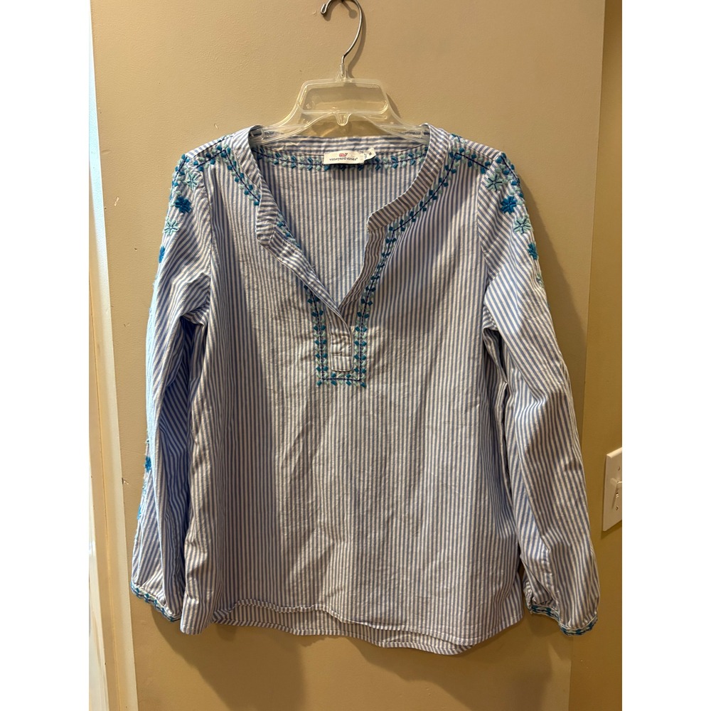 Vineyard Vines Blue White Striped size Medium Embroidered Long Sleeve Tunic Top